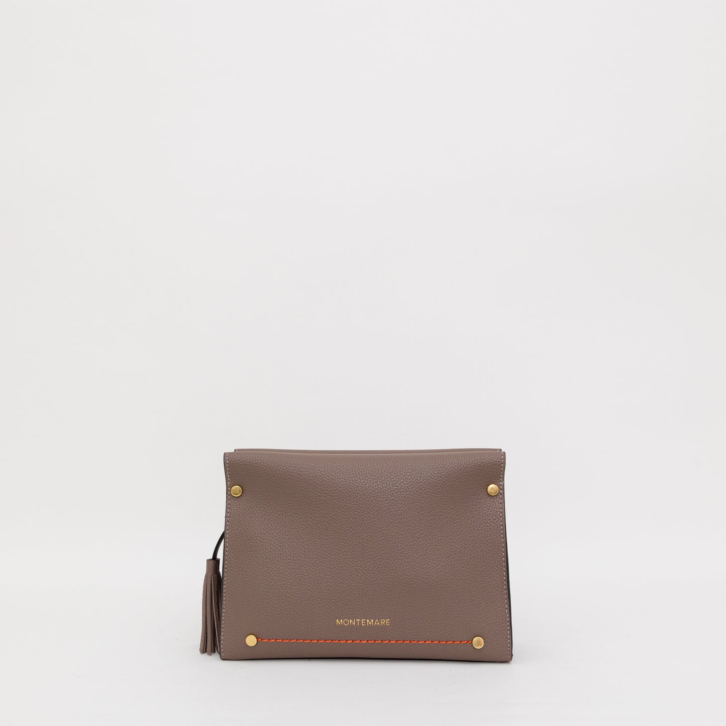 Brown leather clutch bag with gold hardware on a white background