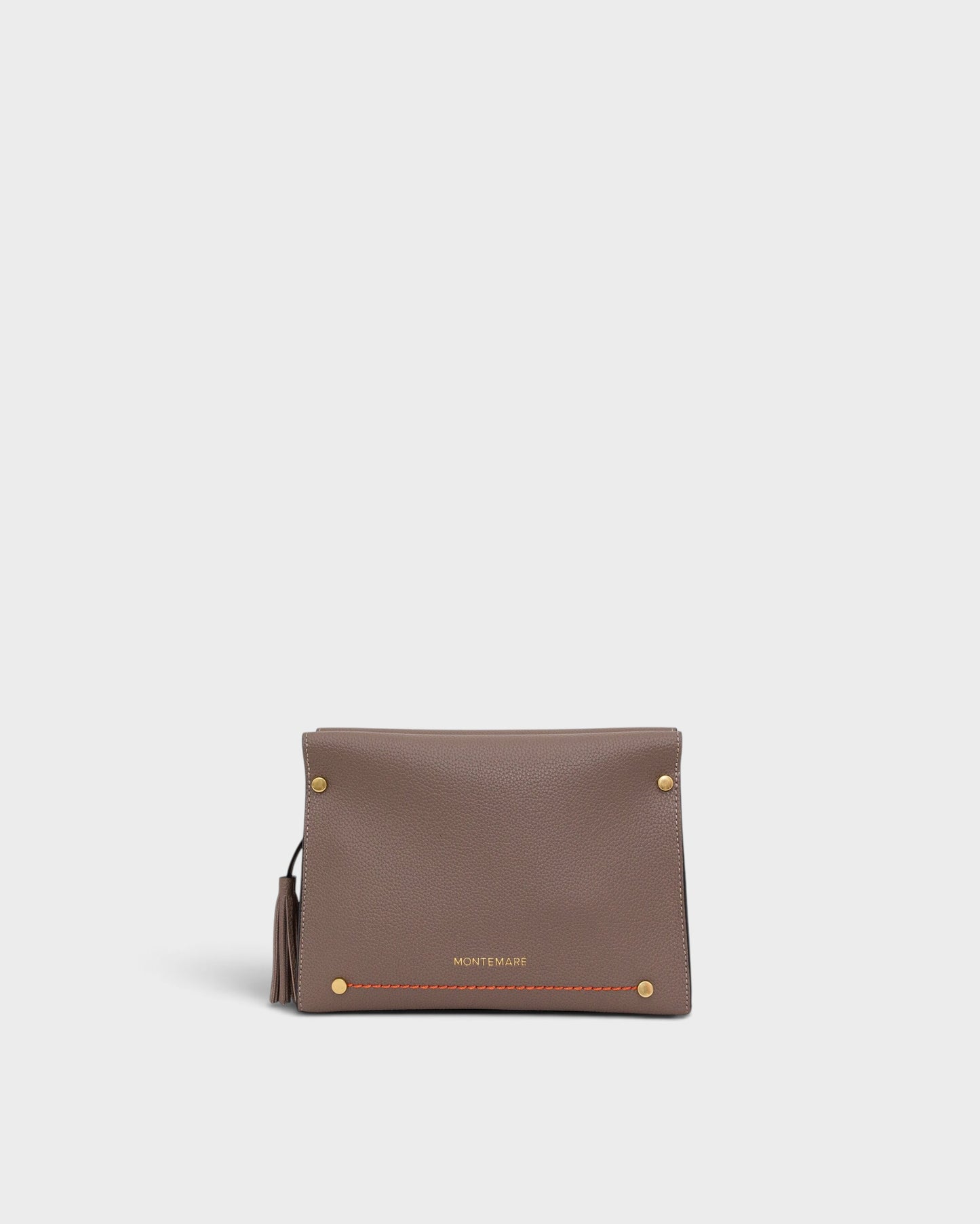 Brown leather clutch bag with gold hardware on a white background