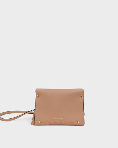 Brown leather clutch bag with gold accents on a white background
