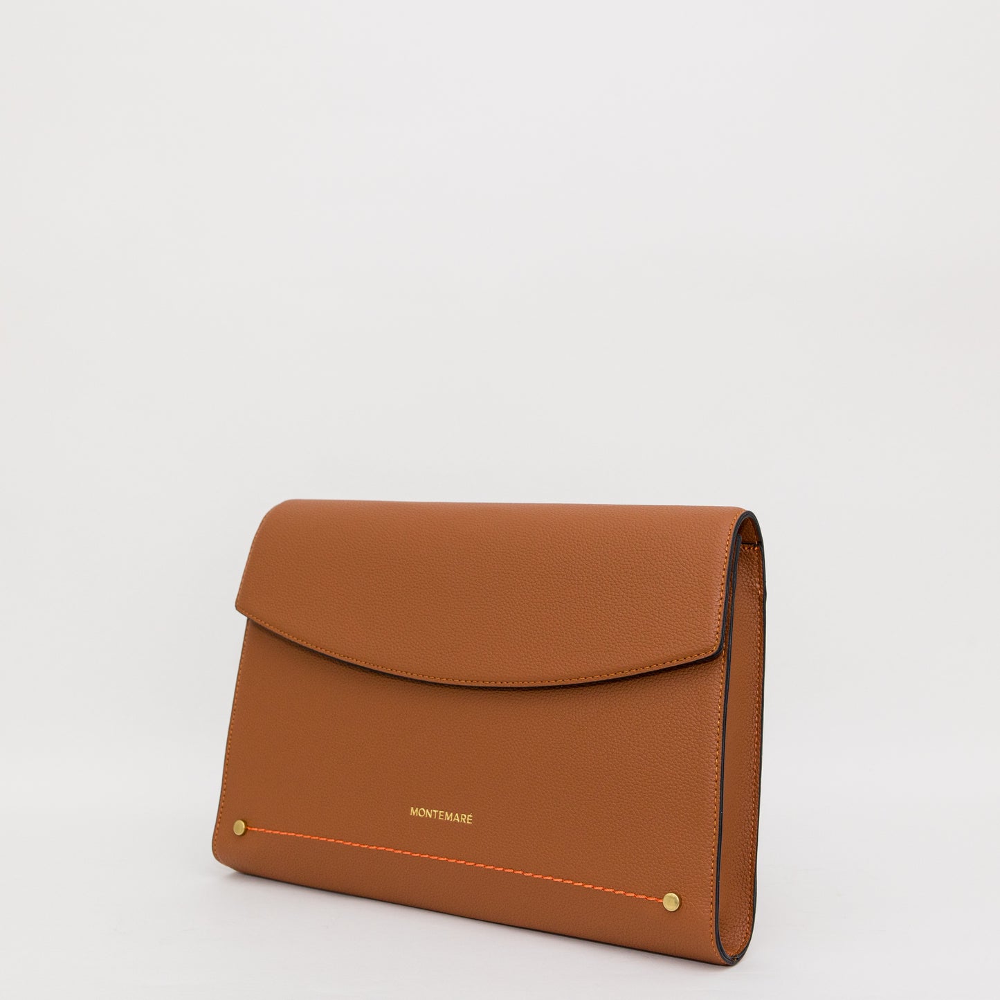 Brown leather laptop case with gold accents on a white background