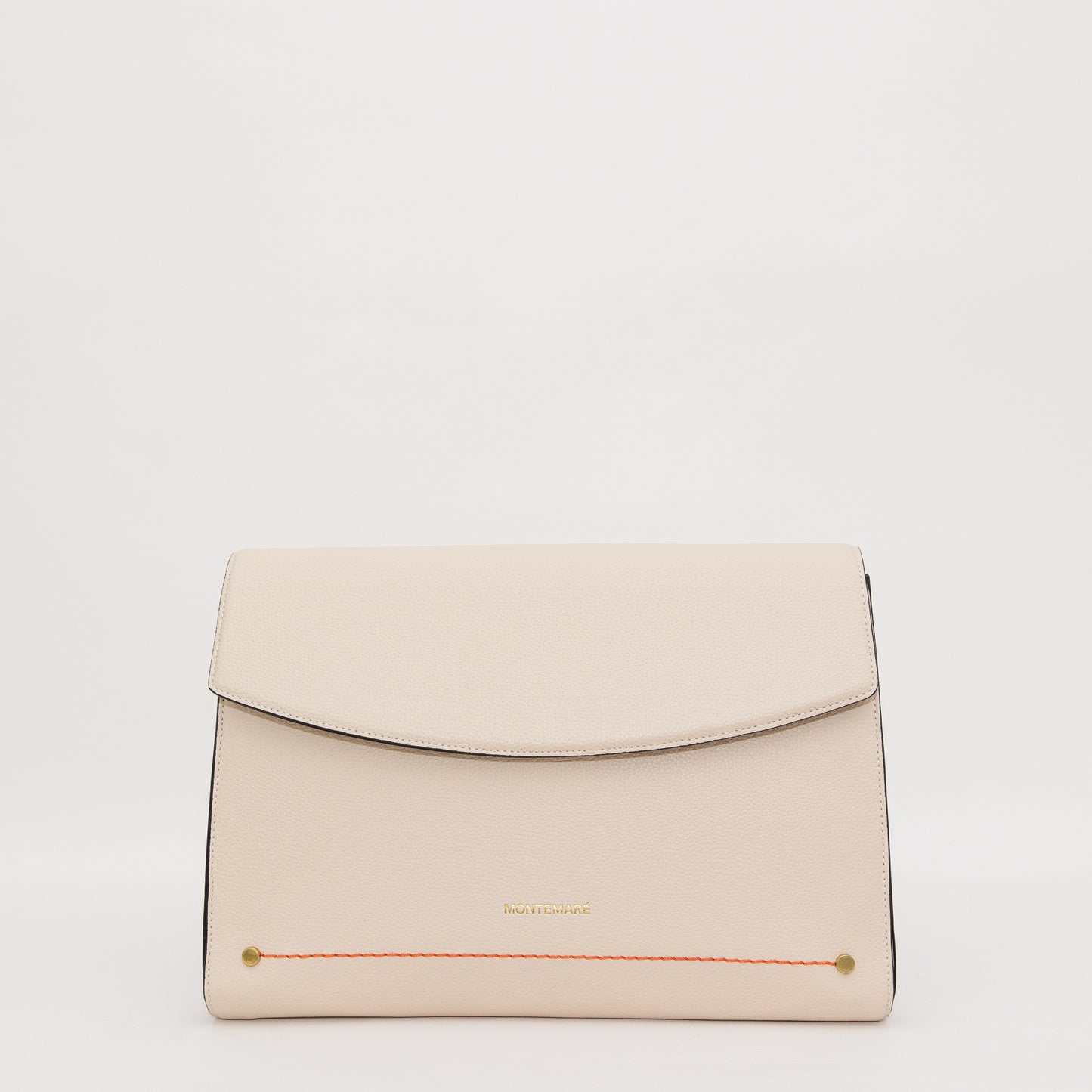 White clutch bag with a visible brand name on a white background
