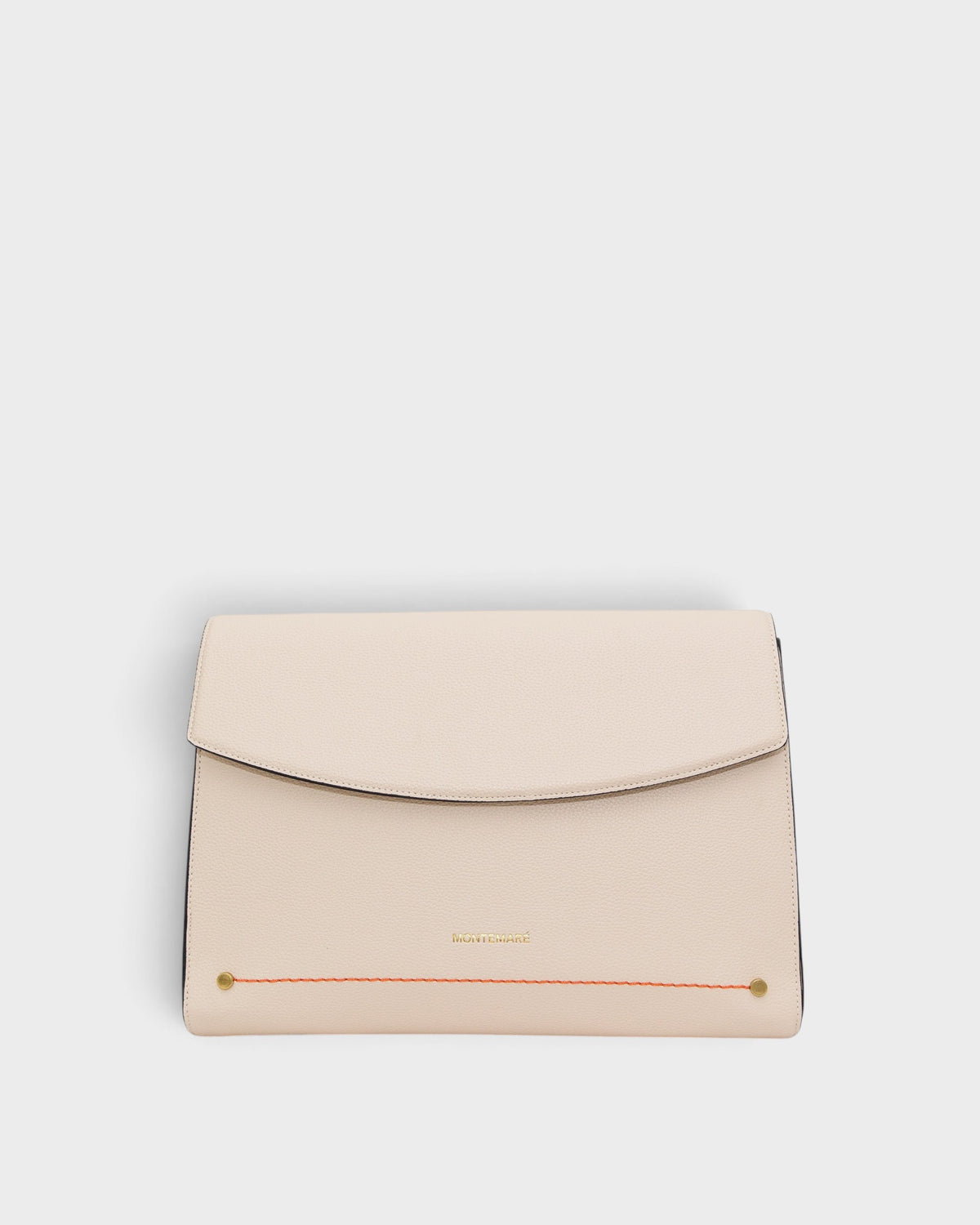 White clutch bag with a visible brand name on a white background