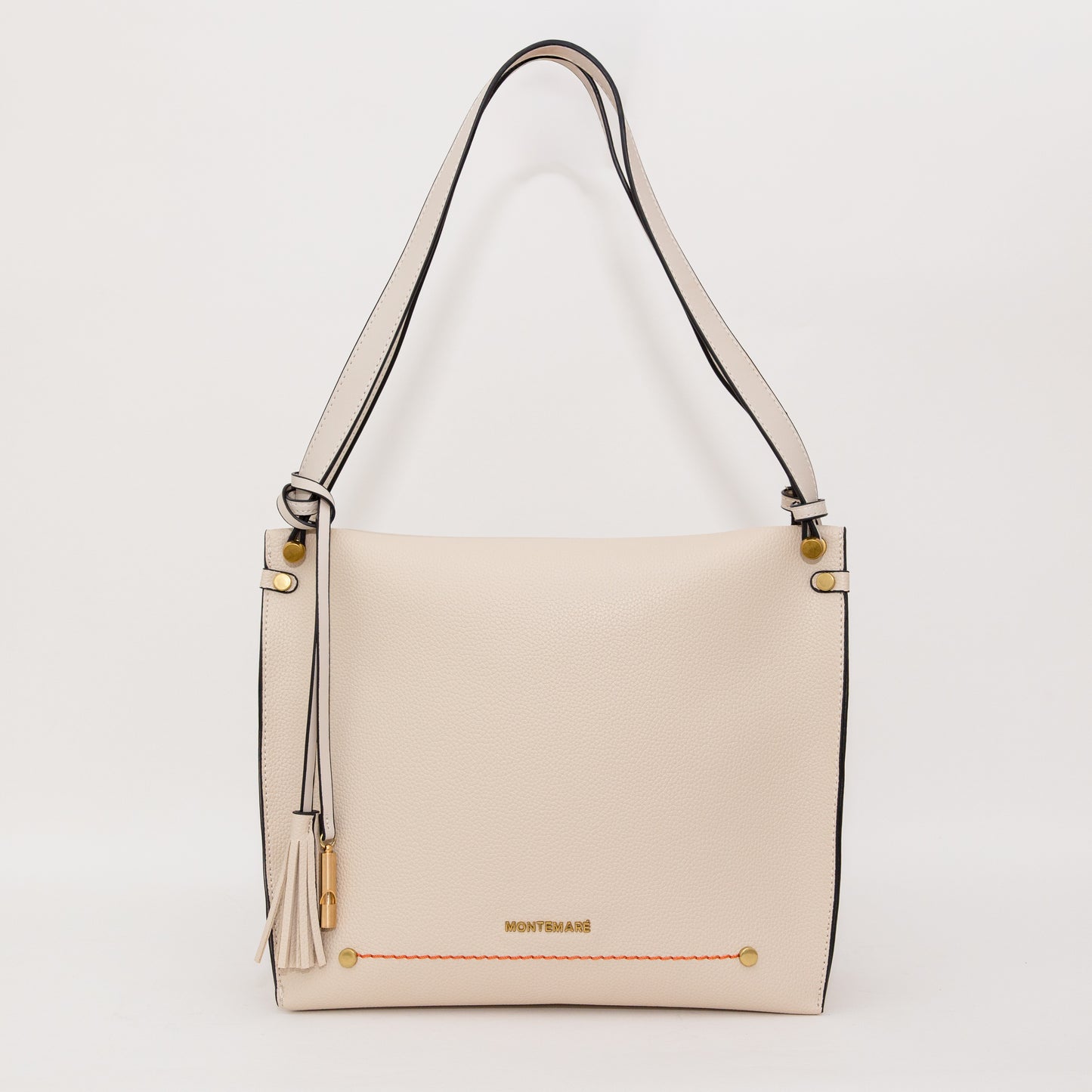 White handbag with gold accents on a white background