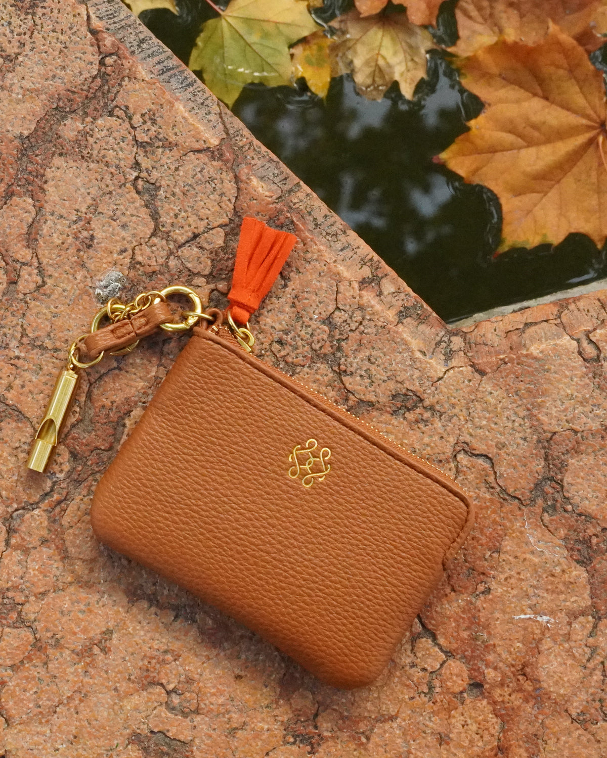 A small tan pebbled leather zip pouch with a gold-tone logo on the front, a bright orange tassel, and a gold zipper pull, photographed on a stone surface near water with autumn leaves.