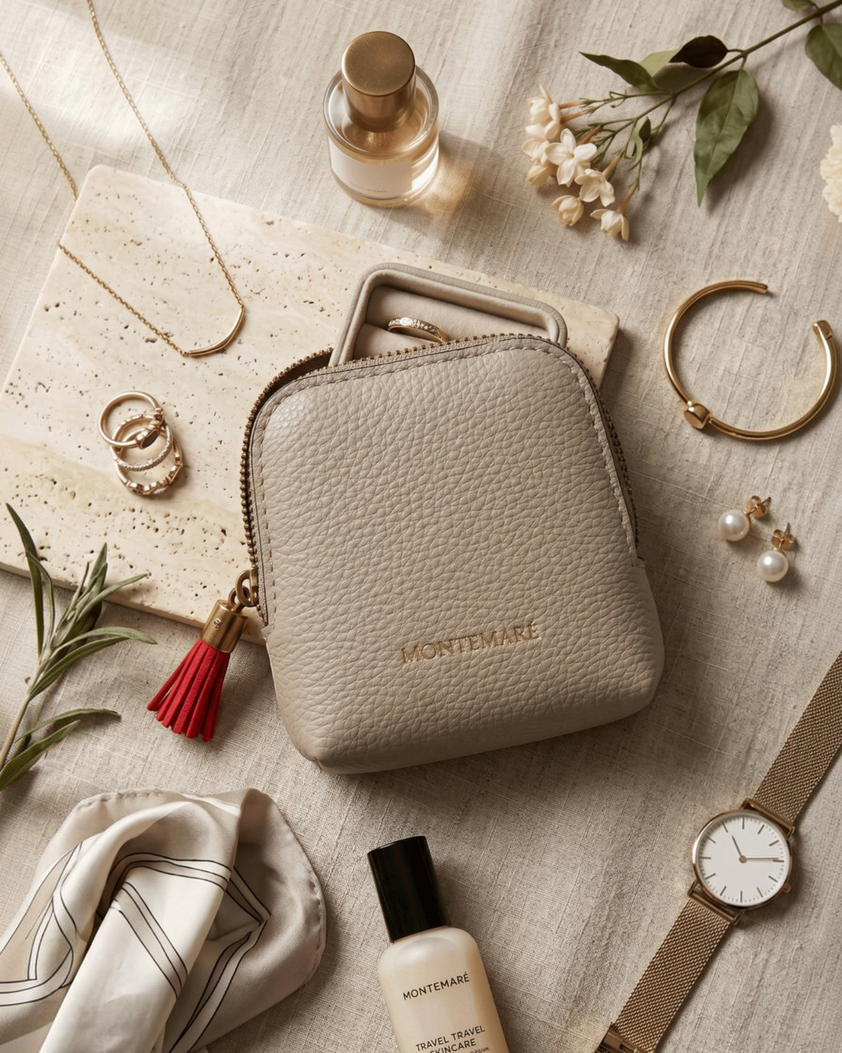 Montemaré small beige pebbled leather travel jewelry case with a red tassel zipper pull on a linen surface.