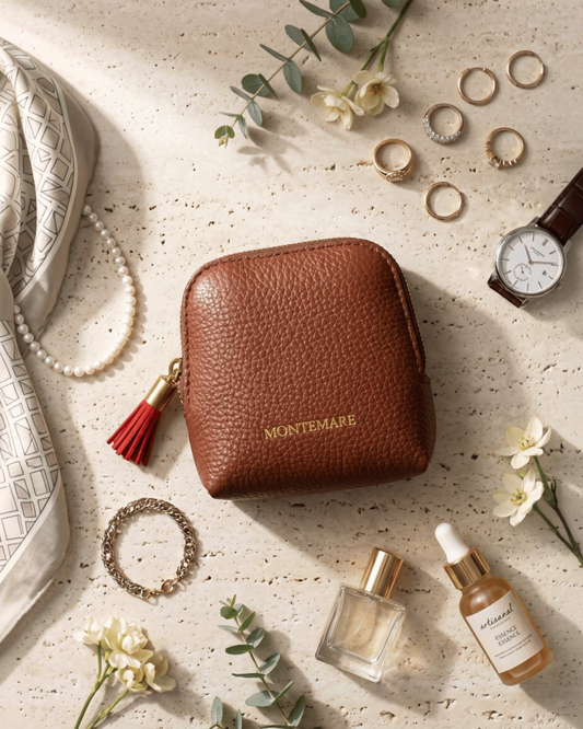 Montemaré small brown pebbled leather travel jewelry case with a red tassel zipper pull on a stone surface