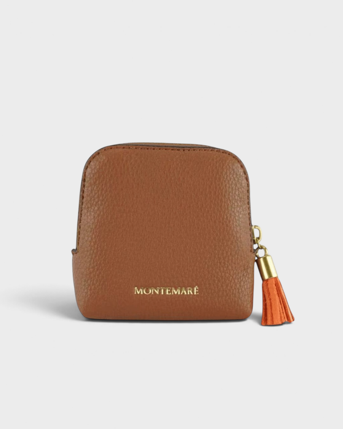 Montemaré small brown pebbled leather travel jewelry case with a gold zipper and matching leather tassel