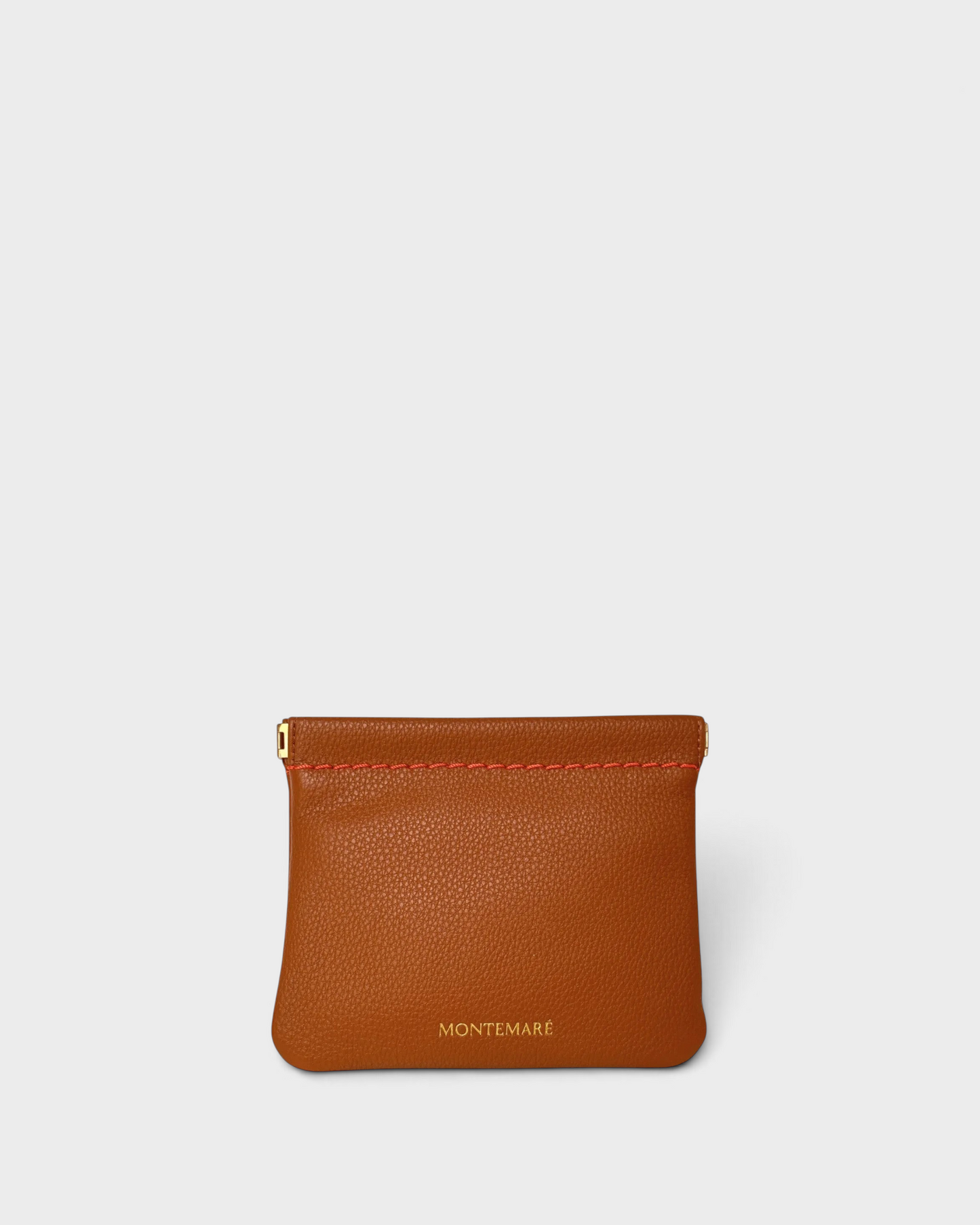 Montemaré Roma square pouch in brown vegan leather with a spring-frame closure and gold logo detail.