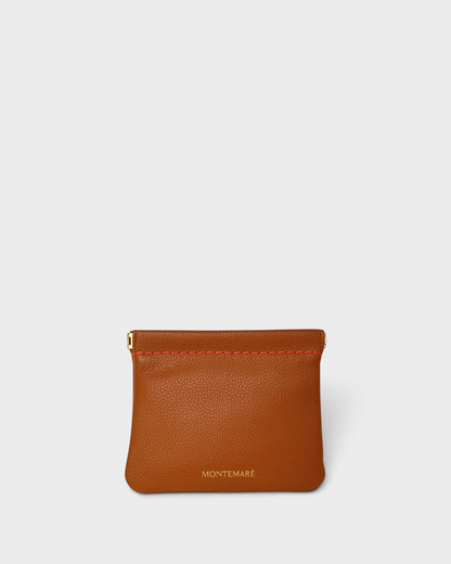 Montemaré Roma square pouch in brown vegan leather with a spring-frame closure and gold logo detail.