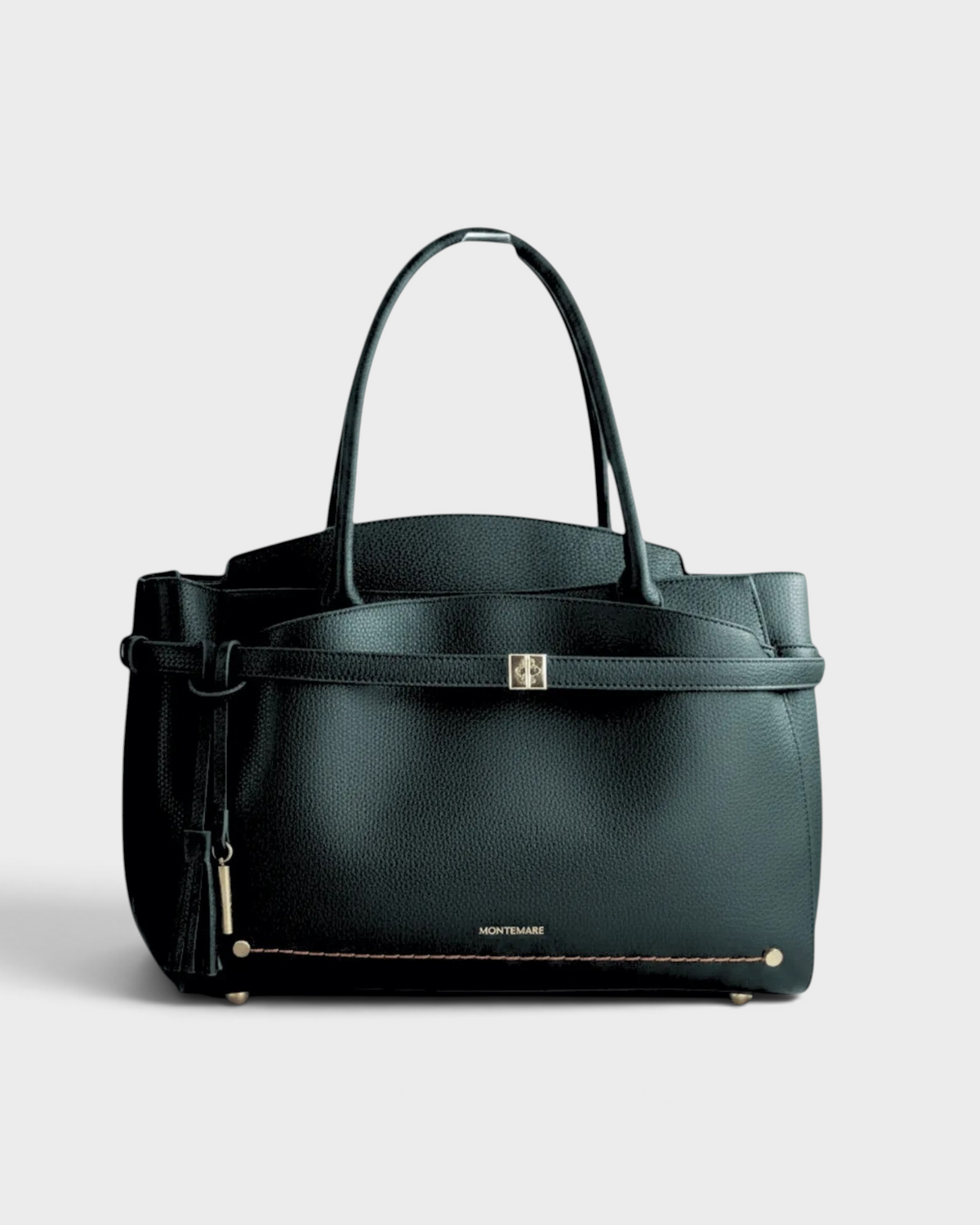 Montemaré Mayfair black pebbled leather work tote with gold hardware and tassel detail