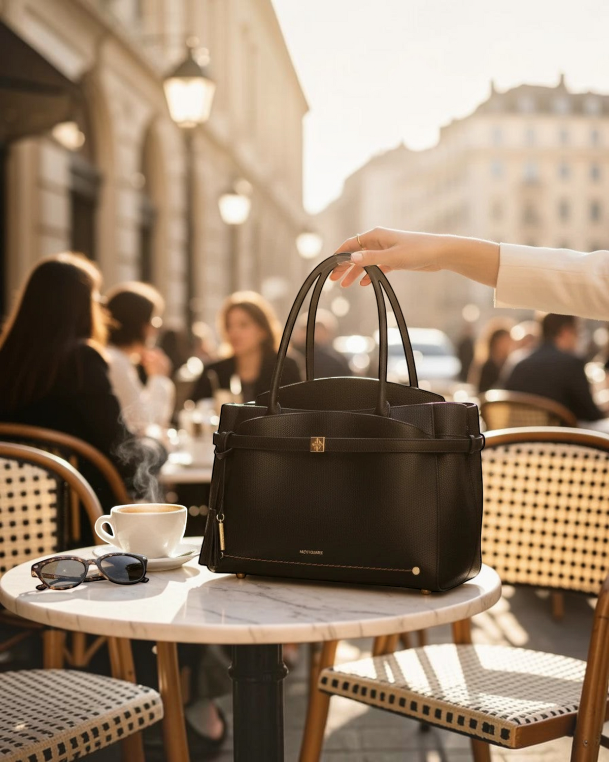 Montemaré Mayfair black leather work tote bag held on a cafe table with coffee and sunglasses in a city setting