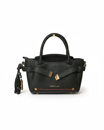 Montemaré Mayfair Mini Crossbody bag in black pebbled leather with gold hardware and a decorative tassel.