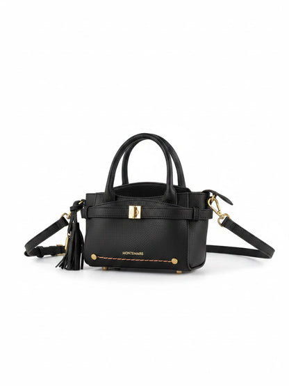Montemaré Mayfair Mini Crossbody bag in black textured leather with gold hardware, top handles, and a tassel detail.