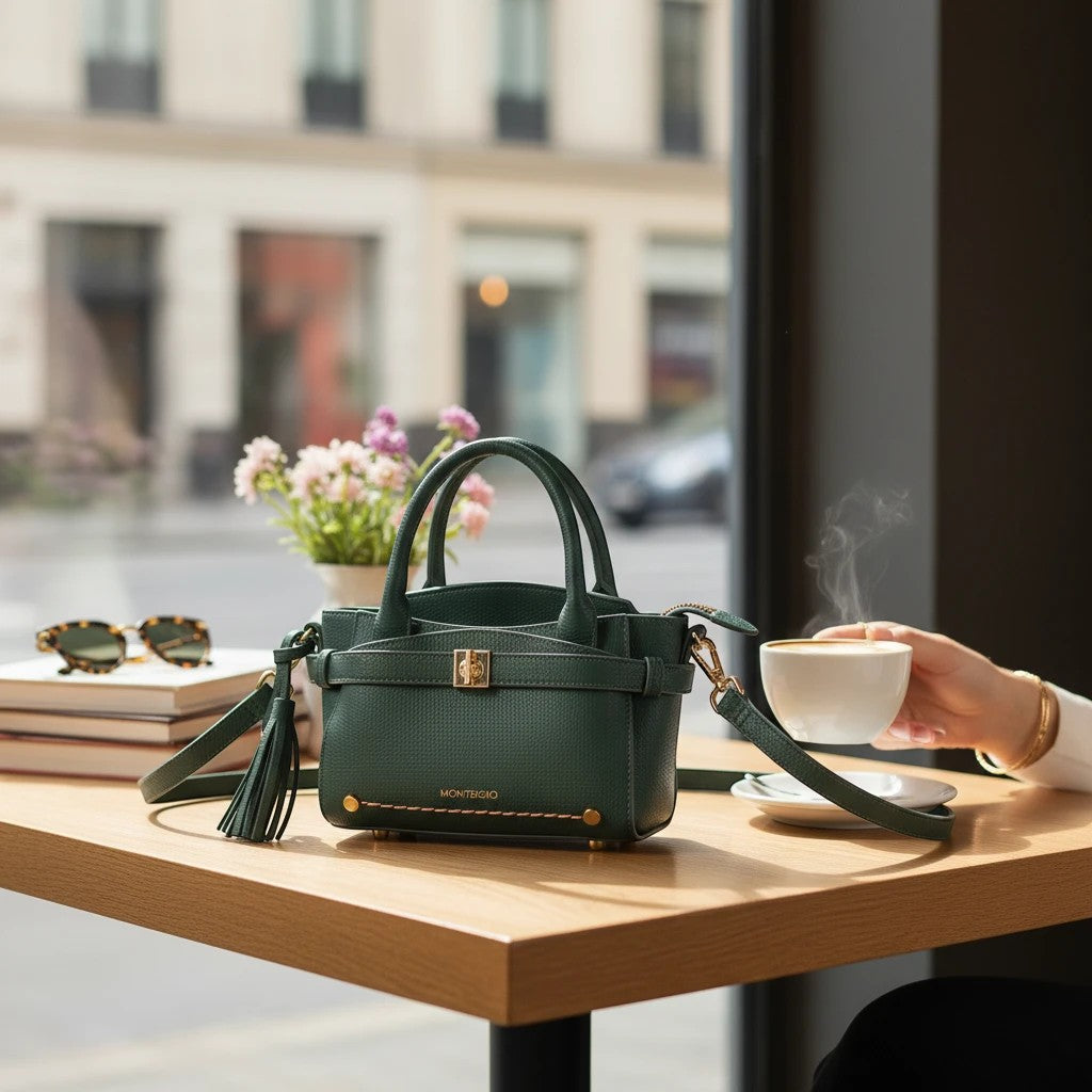 Montemaré Mayfair Mini Crossbody bag in dark green textured leather with gold hardware and tassel detail on a cafe table