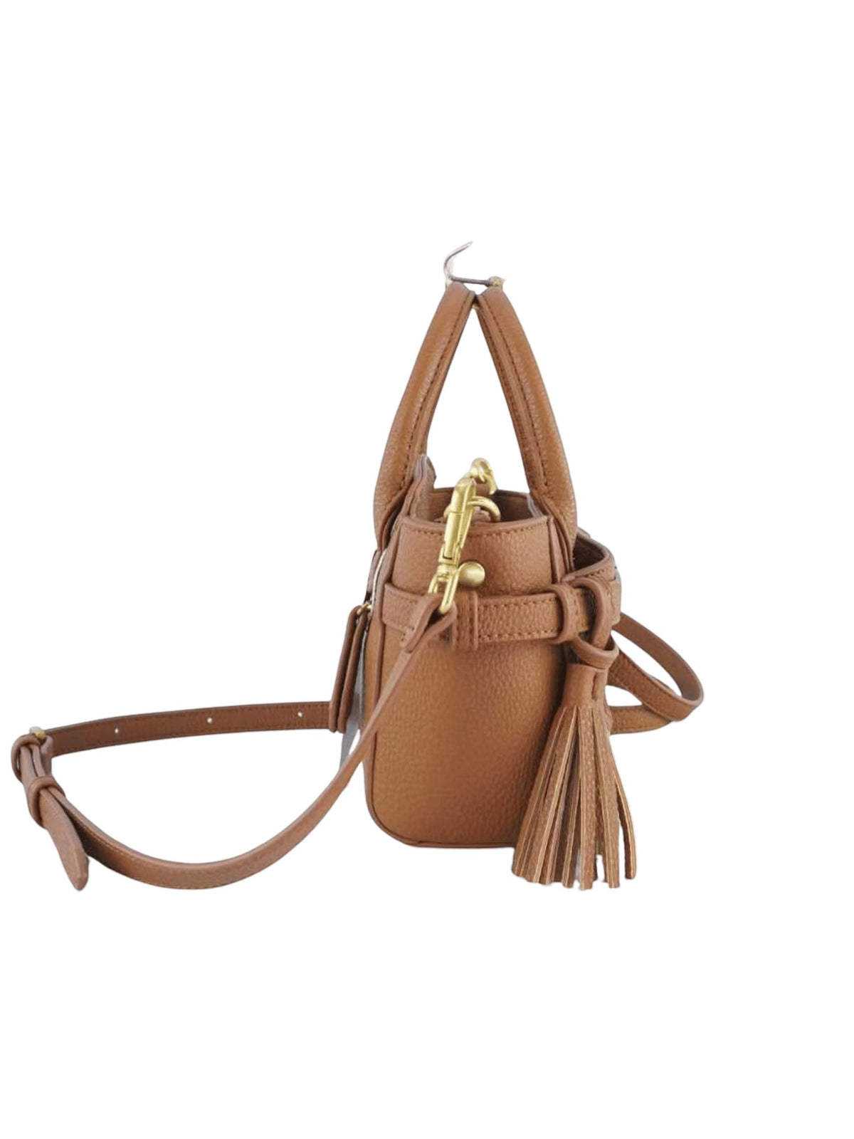 Montemaré Mayfair Mini Crossbody bag in tan pebbled leather with gold hardware, top handles, and a tassel detail.