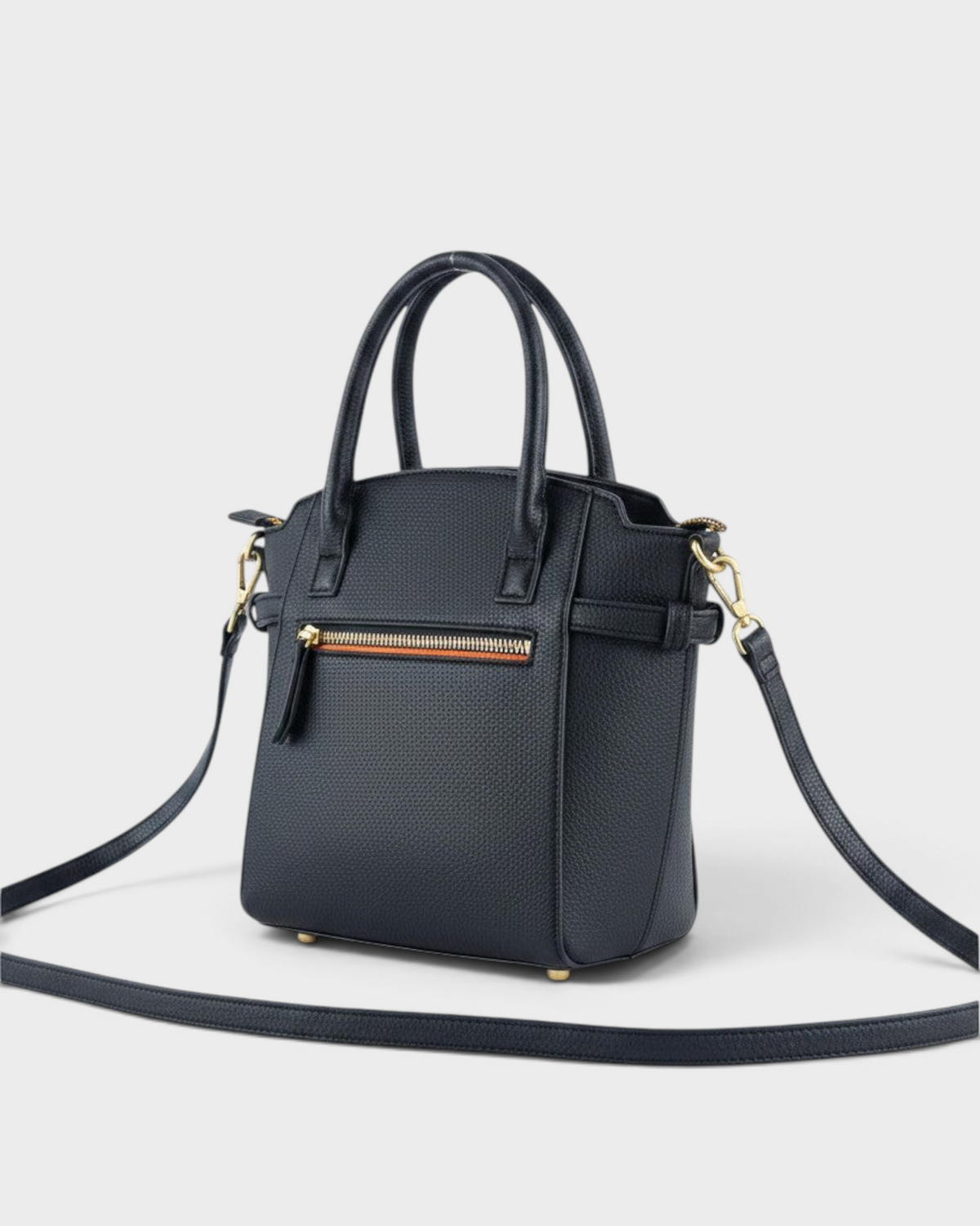 Montemaré Mayfair Tall black textured leather crossbody bag with gold hardware and front zipper pocket