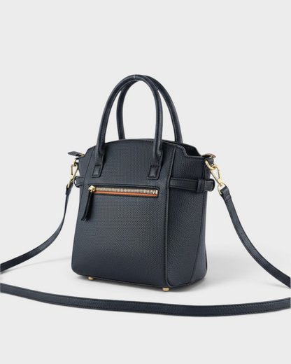 Montemaré Mayfair Tall black textured leather crossbody bag with gold hardware and front zipper pocket