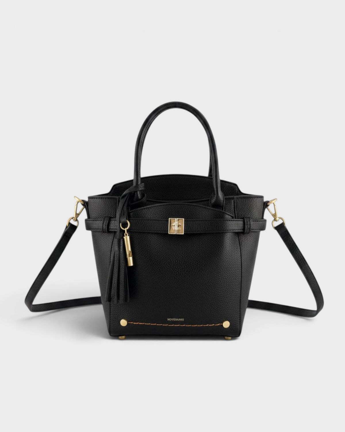 Montemaré Mayfair Tall black pebbled leather crossbody bag with gold hardware, tassel detail, and top handles.