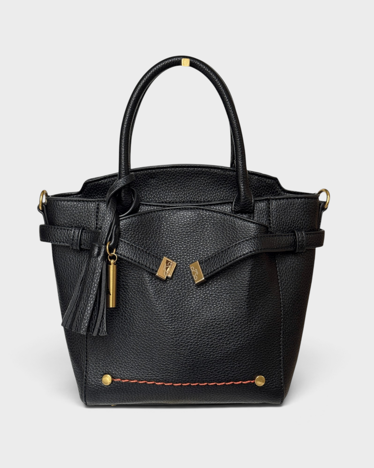 Montemaré Mayfair Tall black pebbled leather crossbody bag with gold hardware, tassel detail, and contrast stitching.