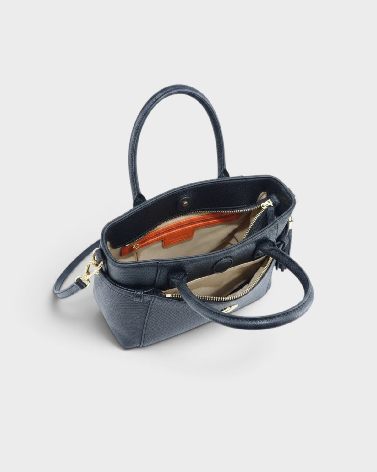 Montemaré Mayfair Tall black leather crossbody bag with top handles, gold hardware, and orange interior accents