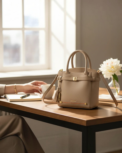 Montemaré Mayfair Tall Crossbody bag in beige textured leather with tassel detail, sitting on a wooden desk.