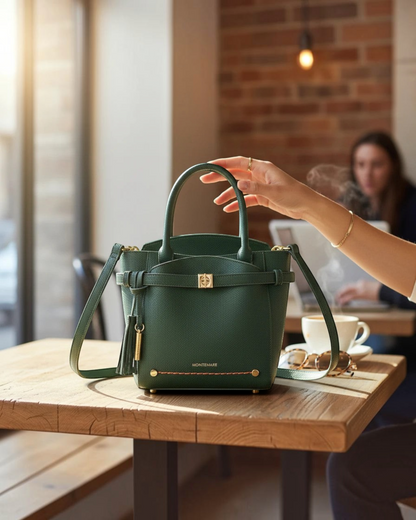 Montemaré Mayfair Tall Crossbody bag in forest green textured leather with gold hardware on a wooden cafe table