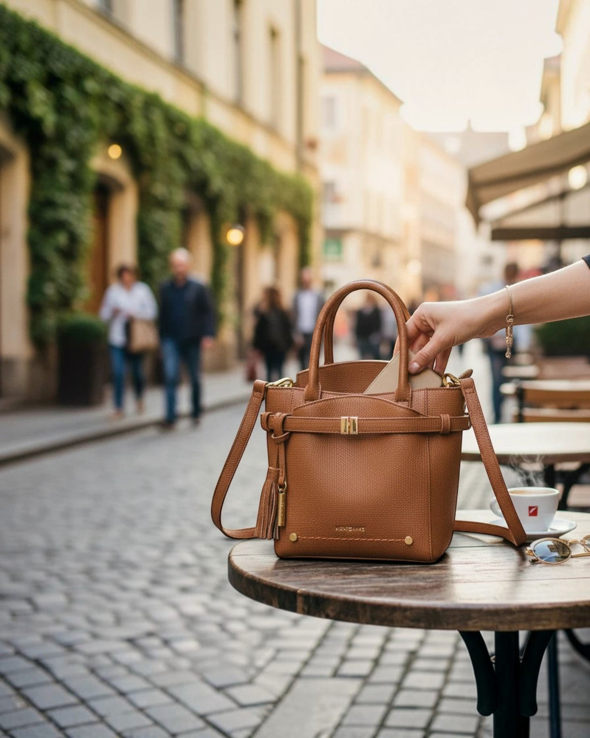 Montemaré Mayfair Tall Crossbody bag in tan leather with gold hardware, placed on a cafe table in a city street.