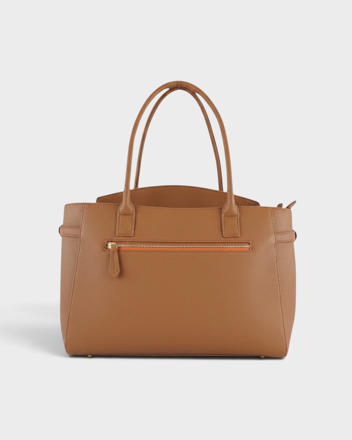 Montemaré Mayfair work tote in tan textured leather with a zippered exterior pocket and slim shoulder straps