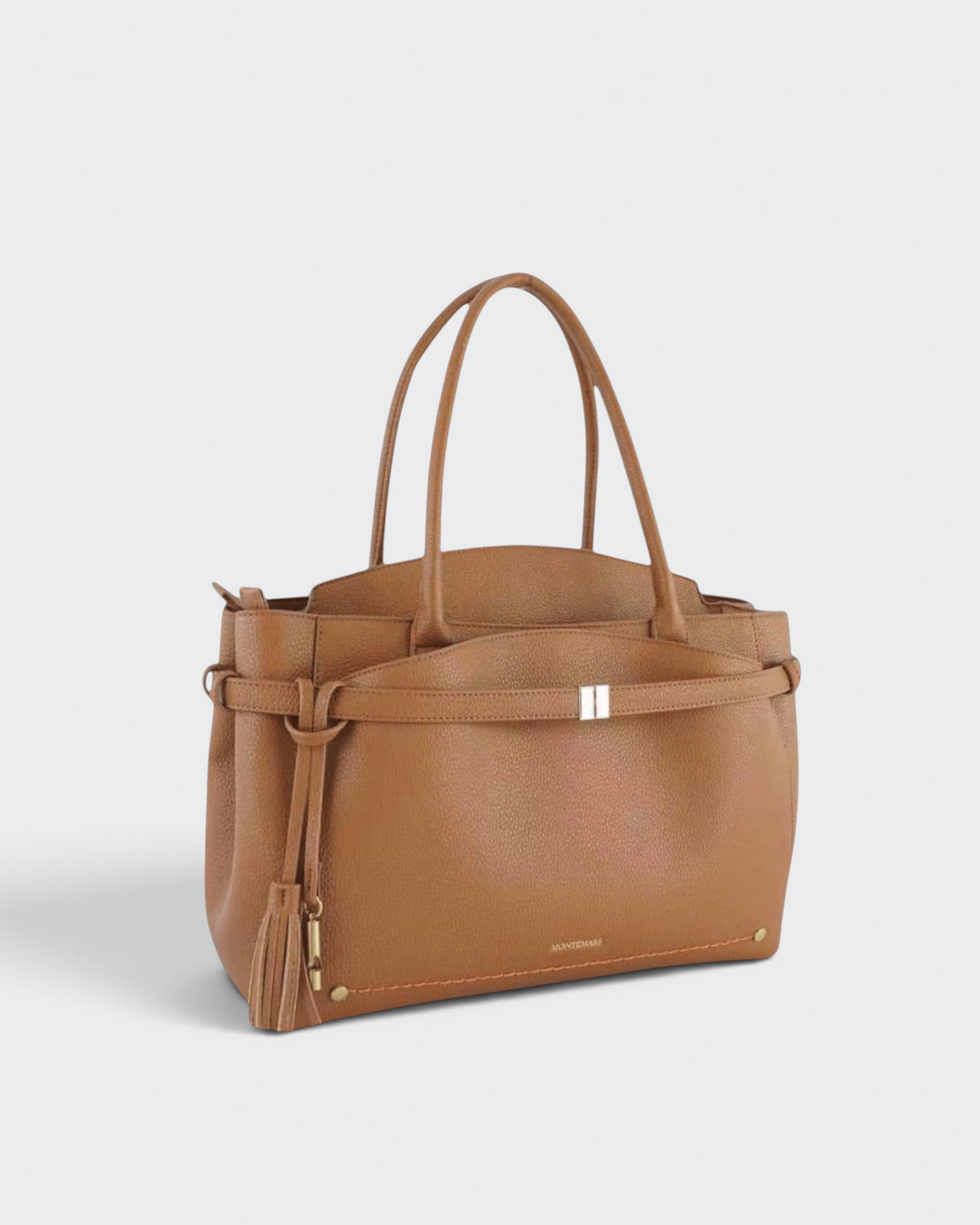 Montemaré Mayfair work tote in tan pebbled leather with a decorative tassel and side strap detailing.