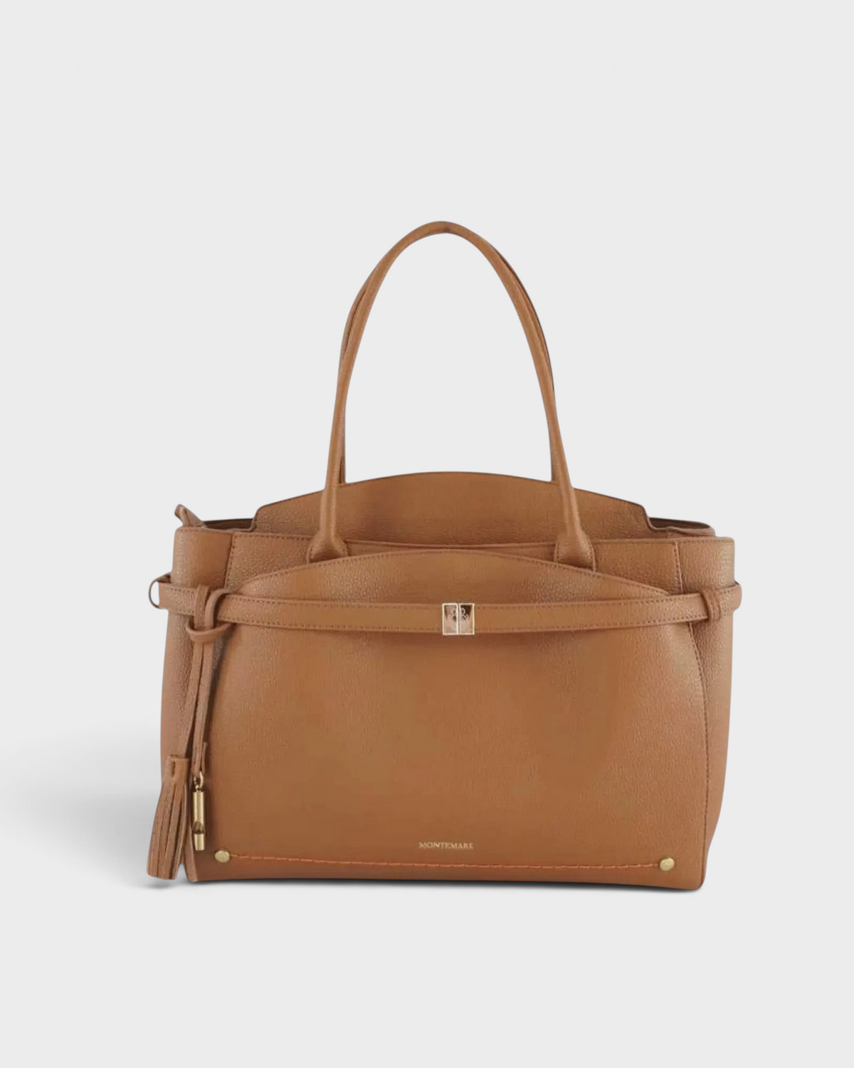 Montemaré Mayfair work tote in tan pebbled leather with a decorative side tassel and gold-tone hardware
