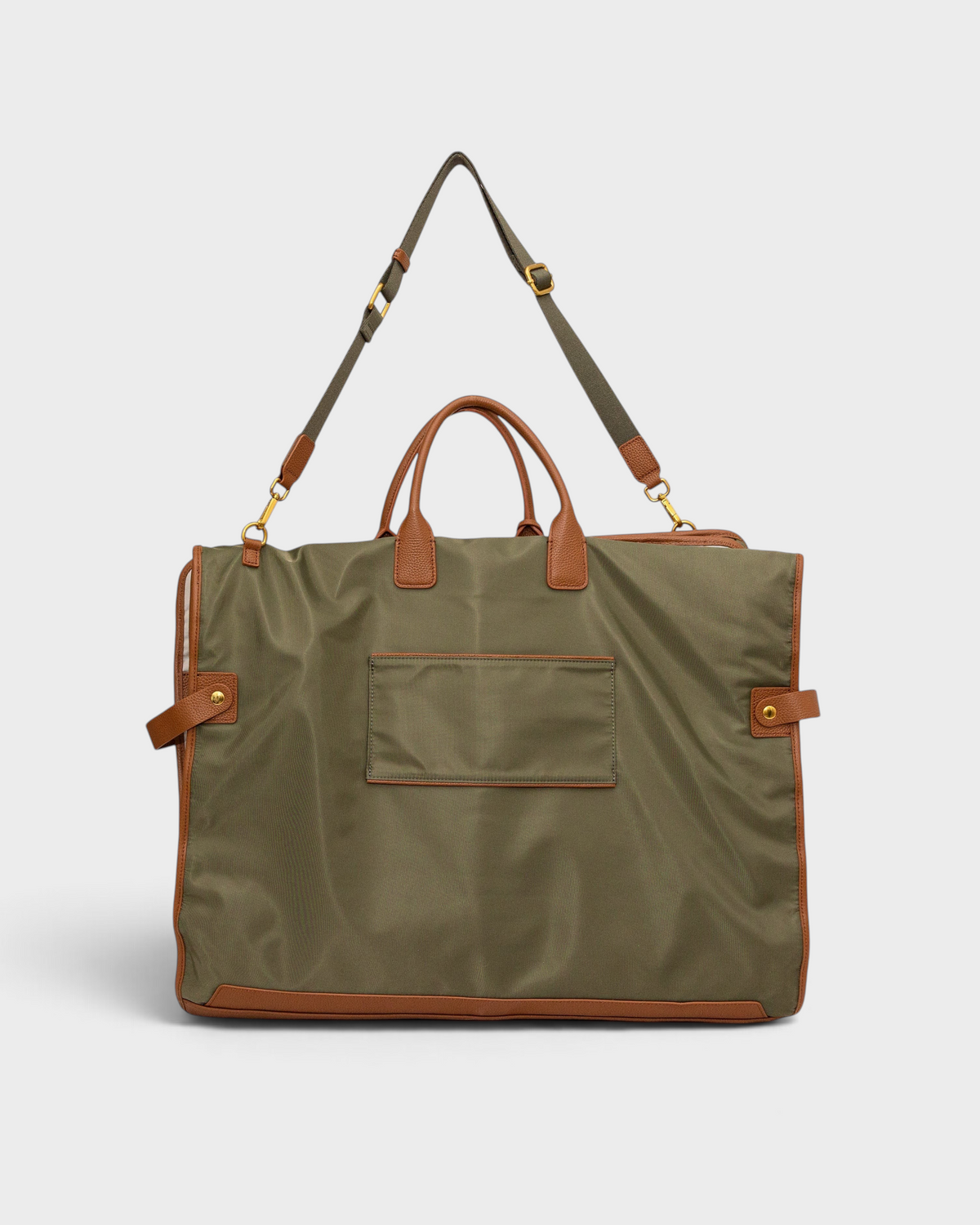 Montemaré olive green waterproof nylon tri-fold garment bag with brown leather trim and adjustable crossbody strap