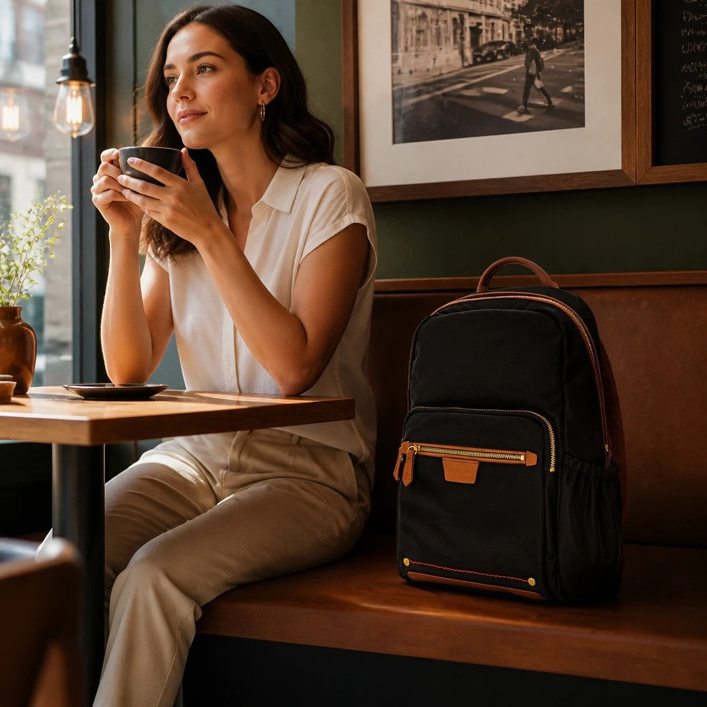 Montemaré Oslo black nylon and leather backpack sitting on a cafe bench next to a woman holding a coffee cup.
