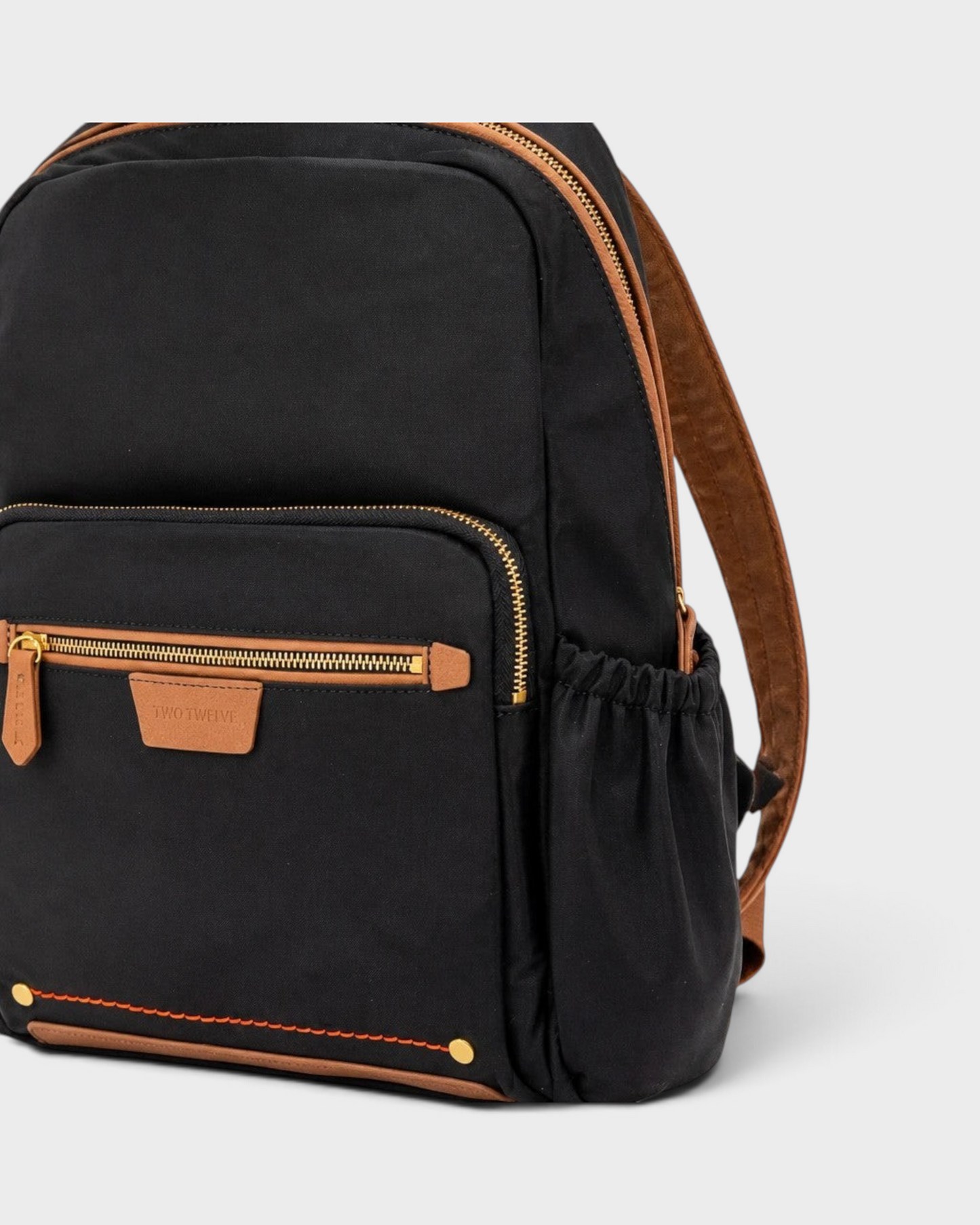 Montemaré Oslo black nylon and brown leather backpack with gold zippers and side water bottle pockets