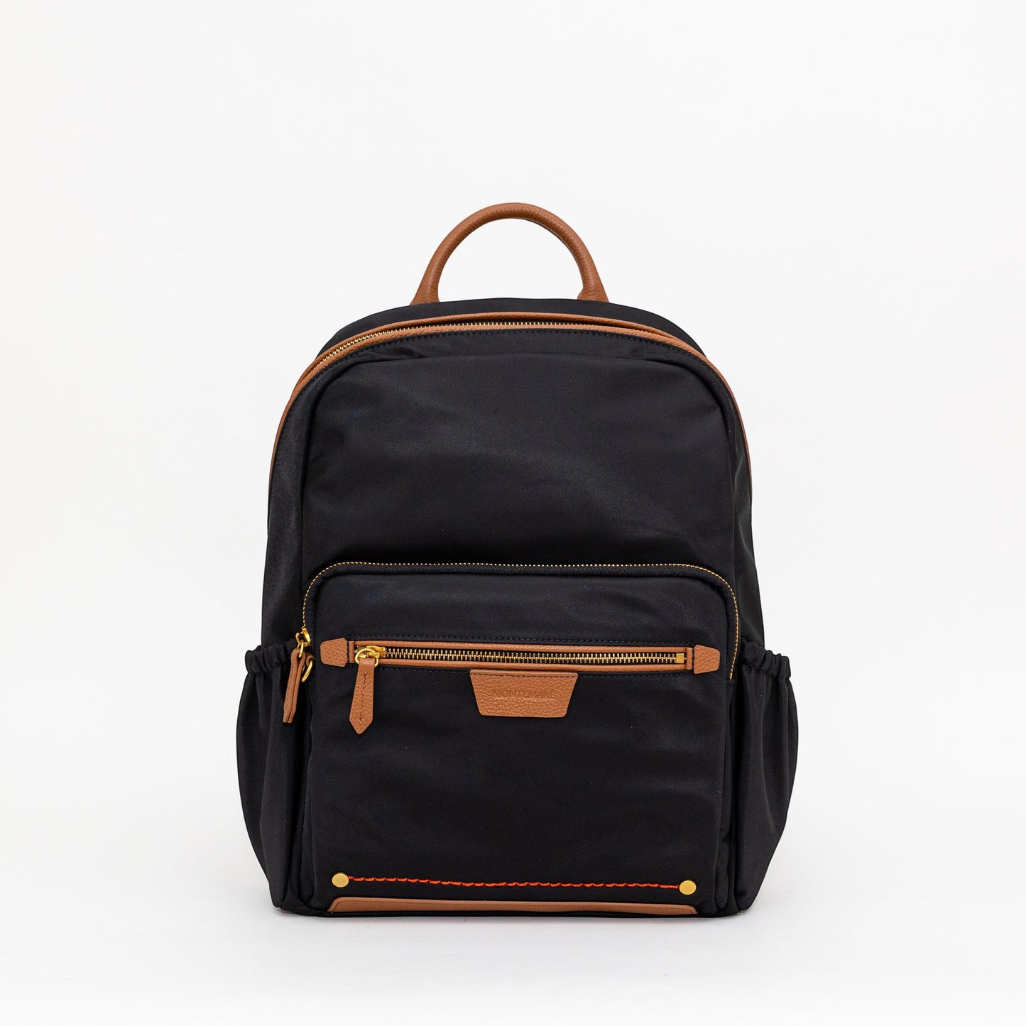 Montemaré Oslo black nylon and leather travel backpack with gold zippers and top handle on a white background