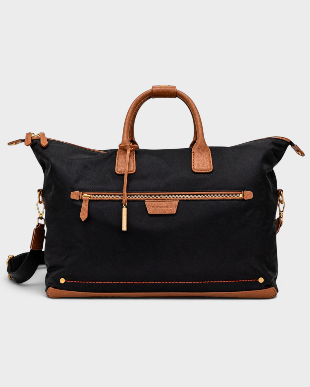 Montemaré Oslo premium black waterproof nylon weekender bag with tan leather trim and gold hardware
