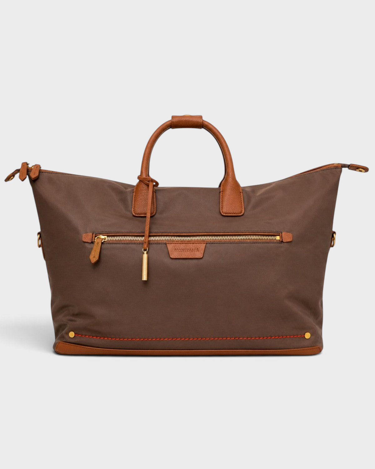 Montemaré Oslo brown waterproof nylon weekender bag with genuine leather trim, gold hardware, and front zip pocket.