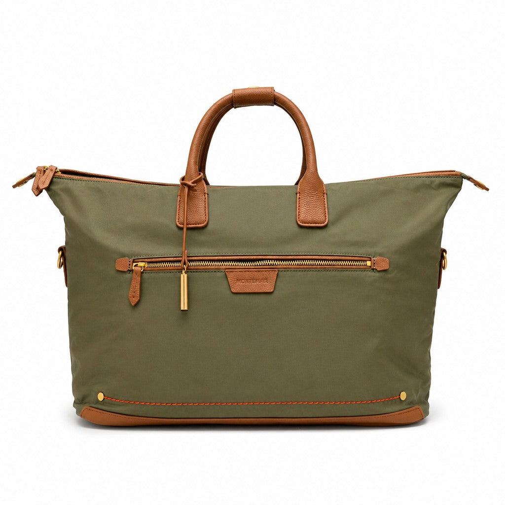 Montemaré olive green waterproof nylon weekender bag with brown leather trim and gold hardware details.