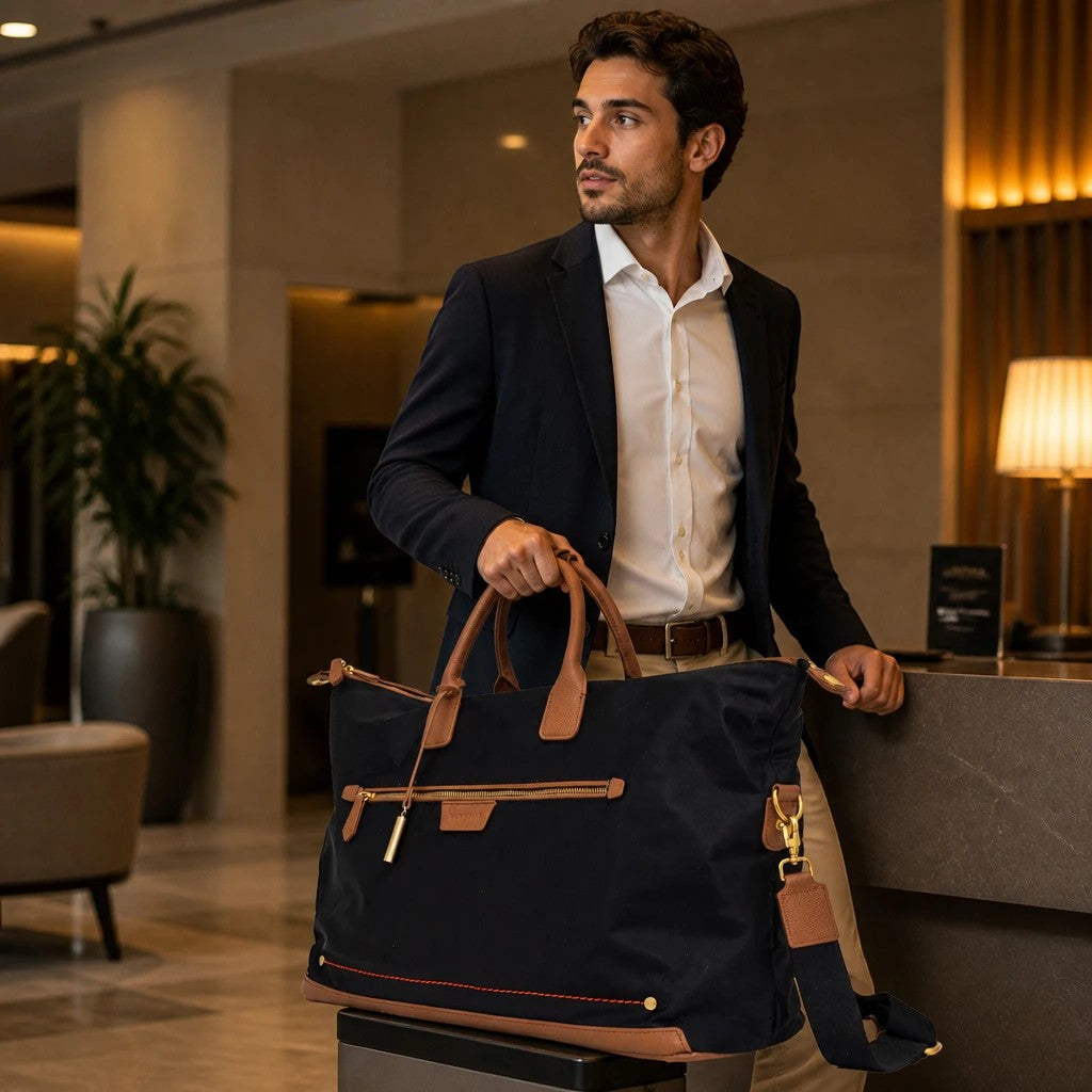 A man in a suit holding a Montemaré Oslo Carry On weekender bag made of black waterproof nylon and tan leather trim.