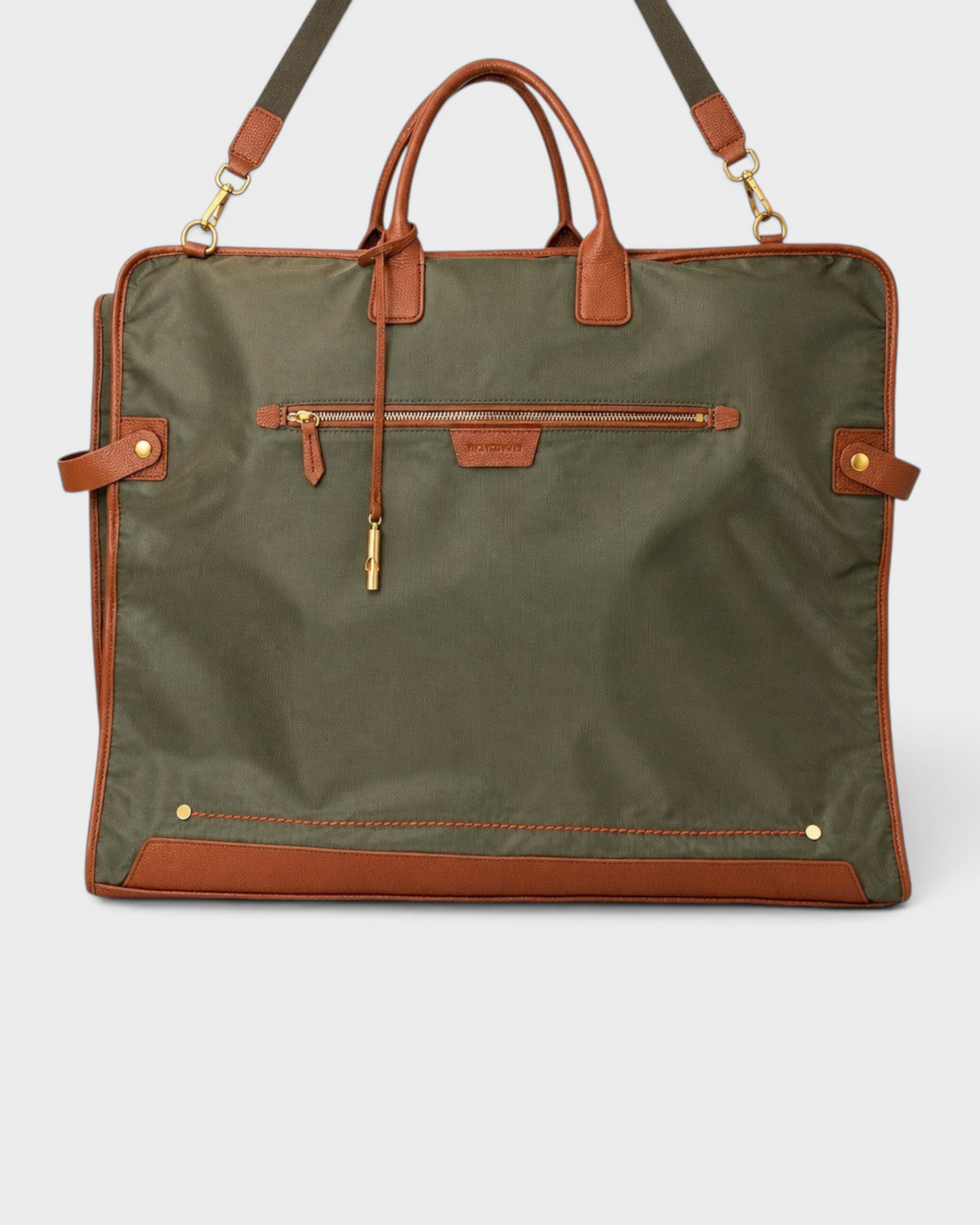 Montemaré Oslo premium tri-fold garment bag in olive waterproof nylon with brown leather trim and gold hardware.