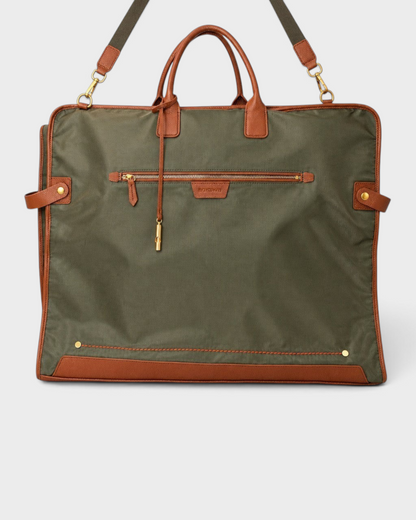 Montemaré Oslo premium tri-fold garment bag in olive waterproof nylon with brown leather trim and gold hardware.