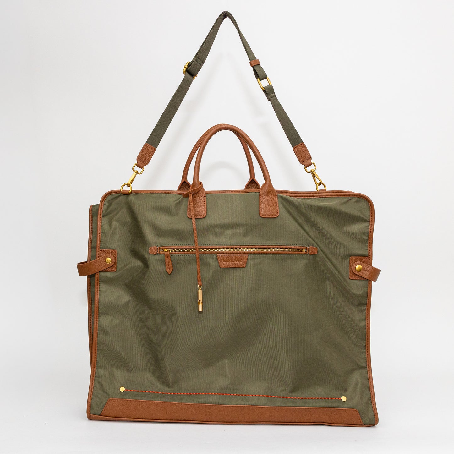 Green and brown bag with a strap on a white background