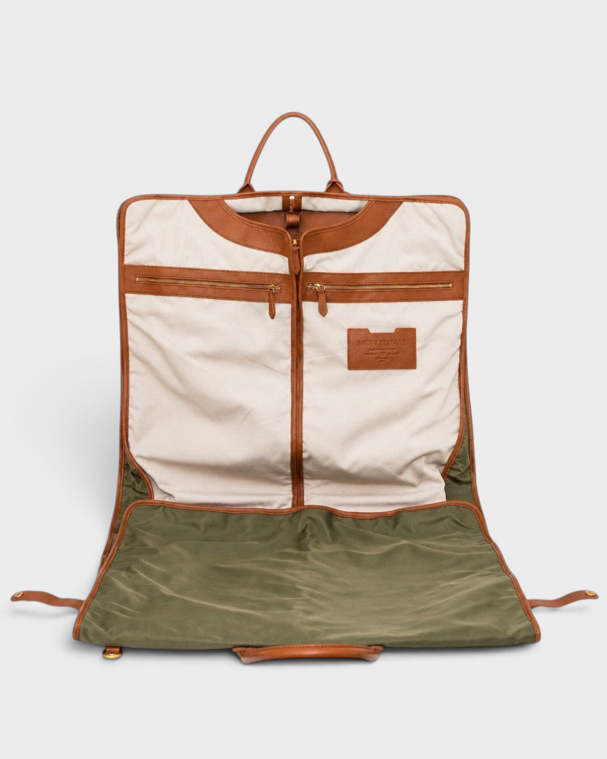 Montemaré Oslo premium tri-fold garment bag in olive green nylon with tan leather trim and cream cotton interior