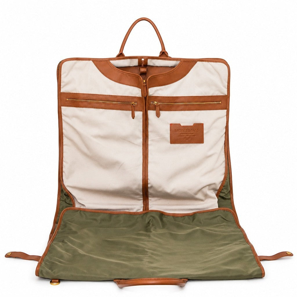 Montemaré Oslo garment bag in waterproof nylon and leather with a tri-fold design and interior storage compartments.