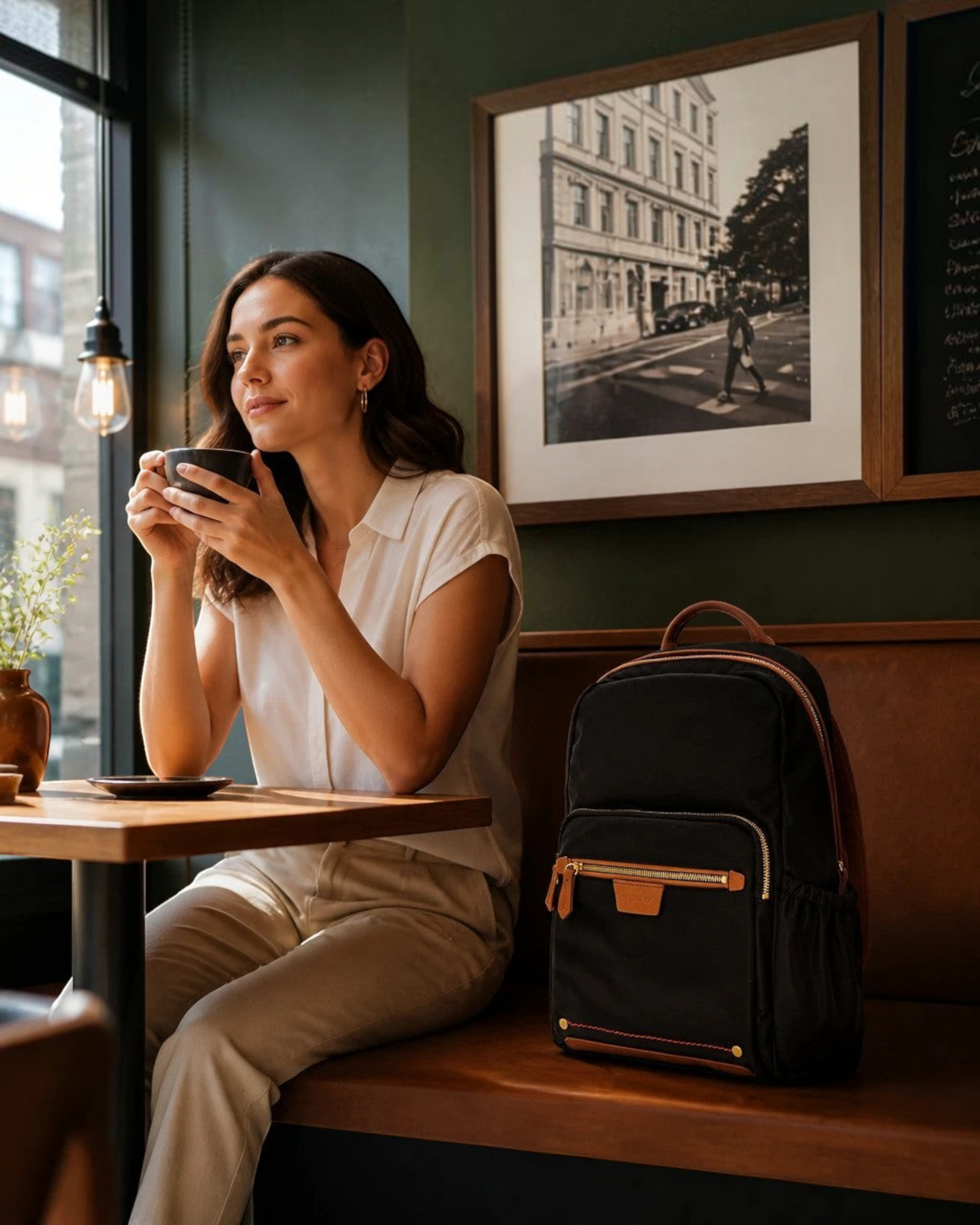 Montemaré Oslo premium black nylon and leather backpack with RFID protection sitting on a cafe bench next to a woman.