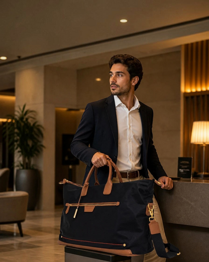 Man in a suit holding a Montemaré Oslo navy nylon and leather weekender bag in a luxury hotel lobby.