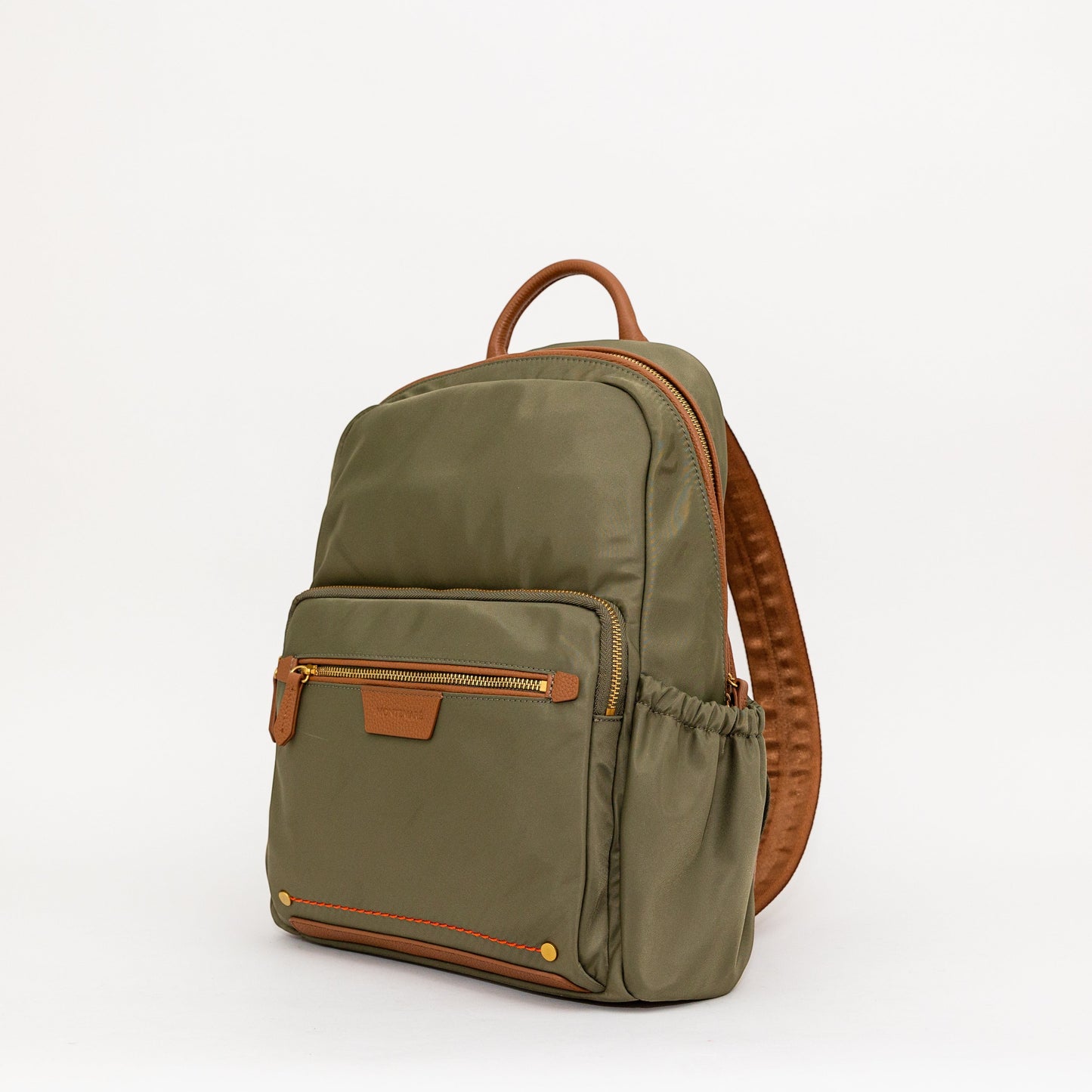 Montemaré Oslo backpack in olive green waterproof nylon with tan leather trim and gold hardware