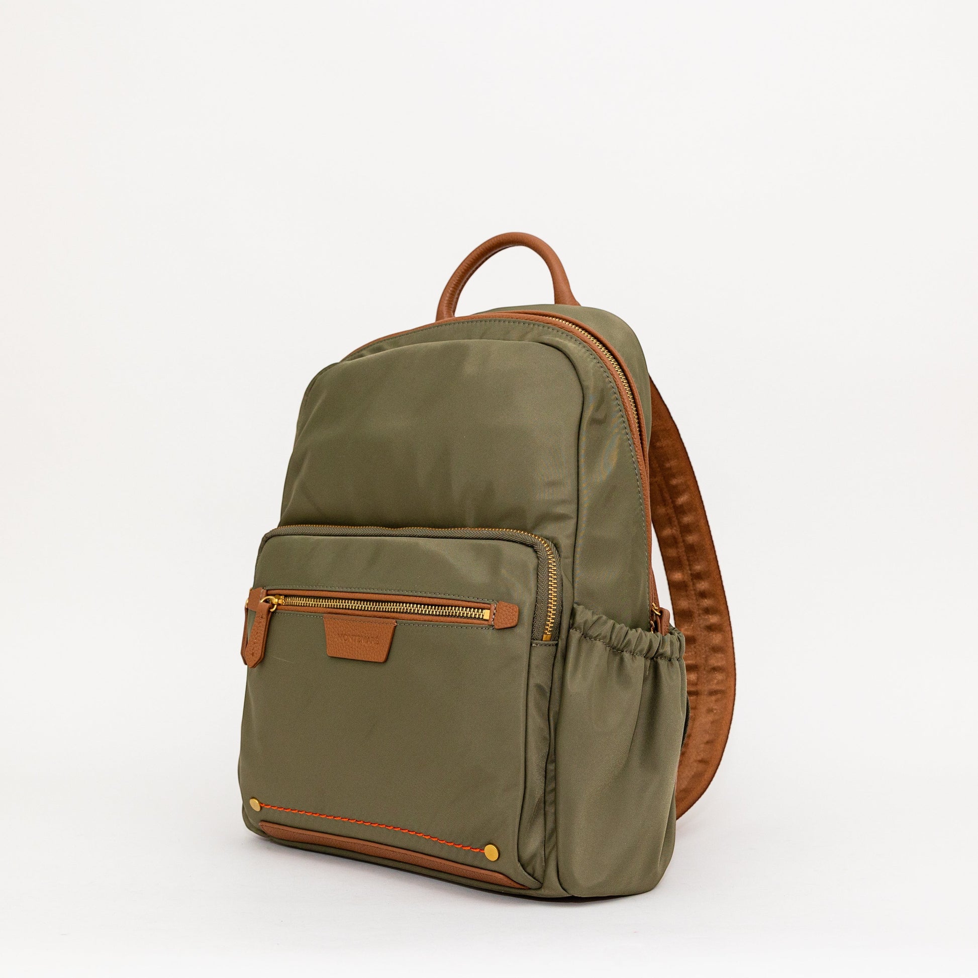 Montemaré Oslo backpack in olive green waterproof nylon with tan leather trim and gold hardware