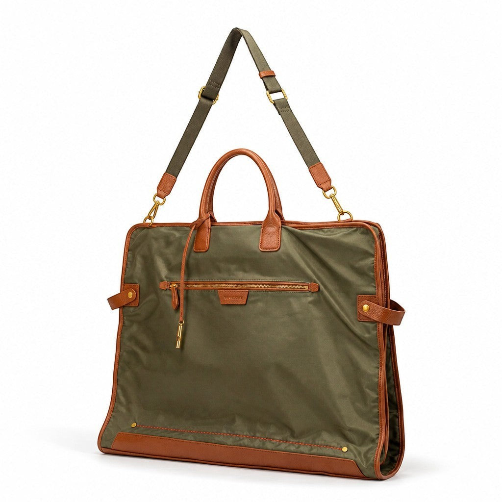 Montemaré Oslo olive green waterproof nylon garment bag with brown leather trim, top handles, and crossbody strap.