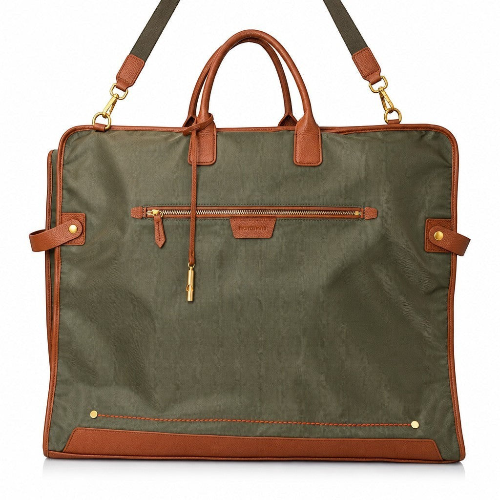 Montemaré Oslo garment bag in olive waterproof nylon with brown leather trim, gold hardware, and crossbody strap.