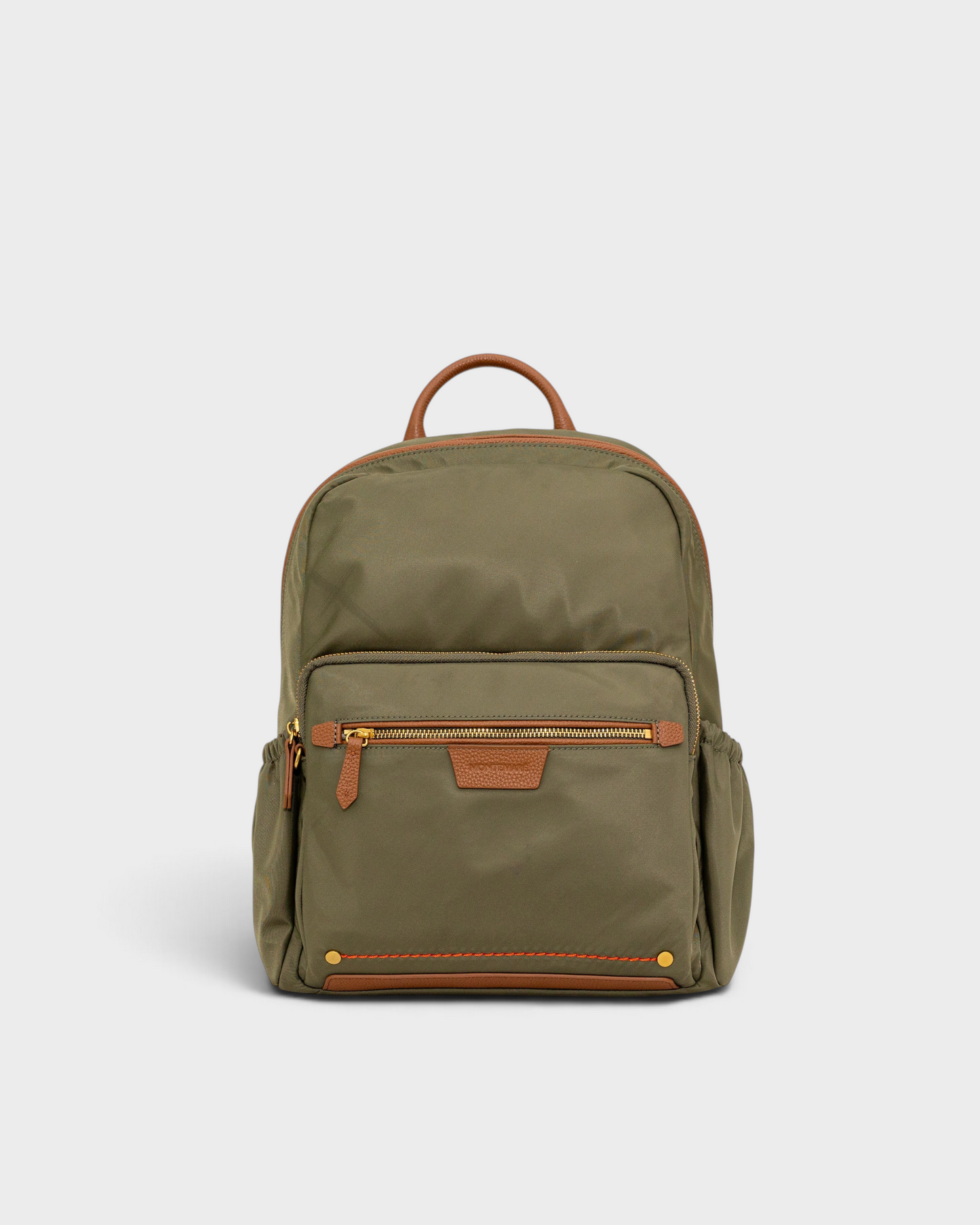 Montemaré Oslo olive green nylon and leather backpack with front zip pocket and top handle